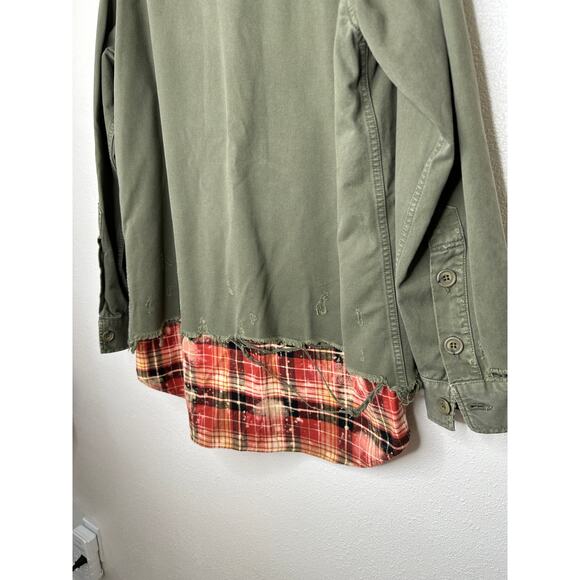 NWT Redemption Handmade Distressed Olive Military Shirt with Plaid Hem 44 / M - Picture 9 of 14